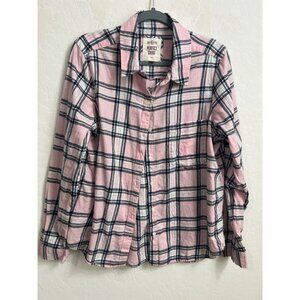 SO Perfect Shirt Sz XL Pink SIlver Thread Black Plaid Soft Flannel Shirt Barbiec